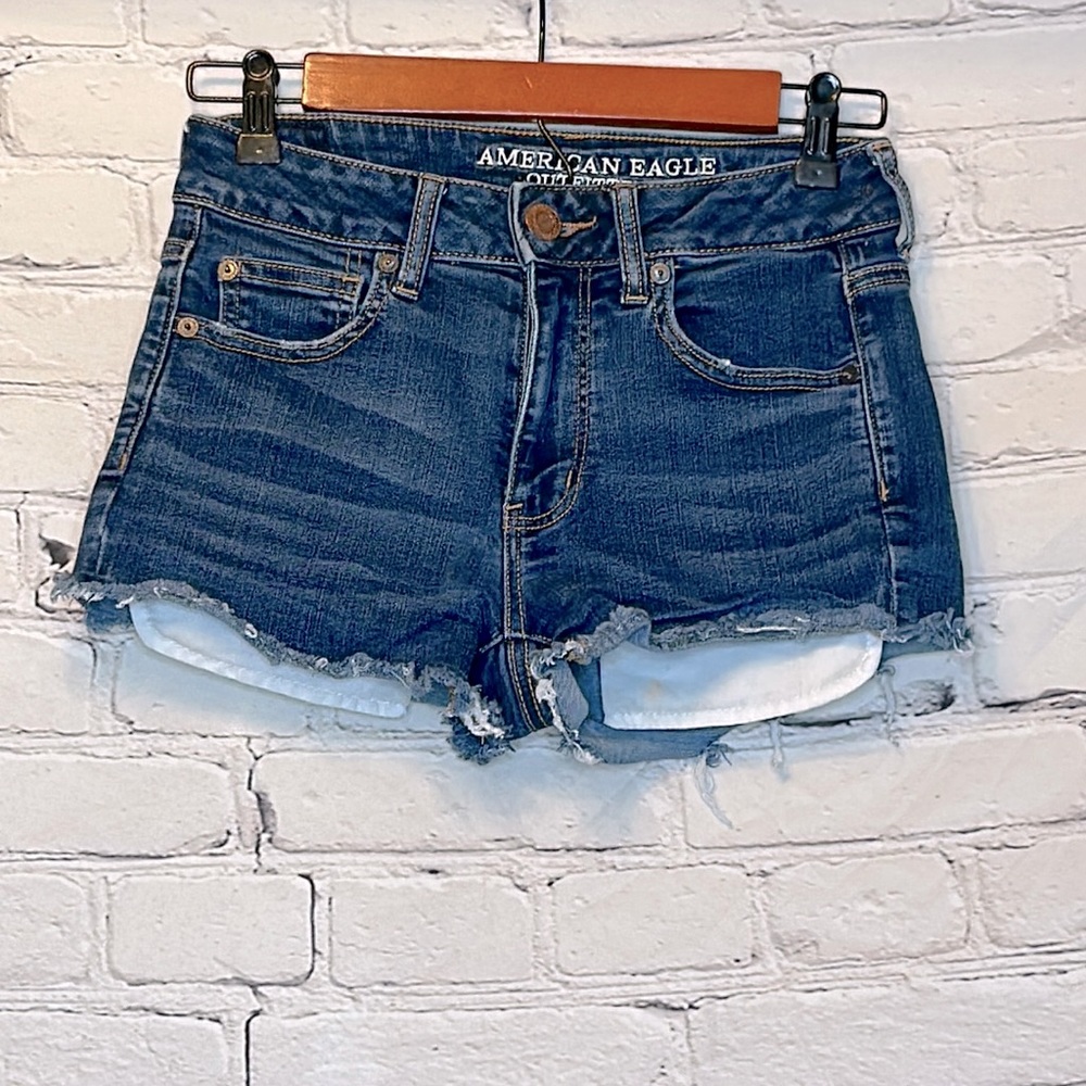 American Eagle Raw Hem Hi-Rise Shortie Blue Jean Shorts Size 4